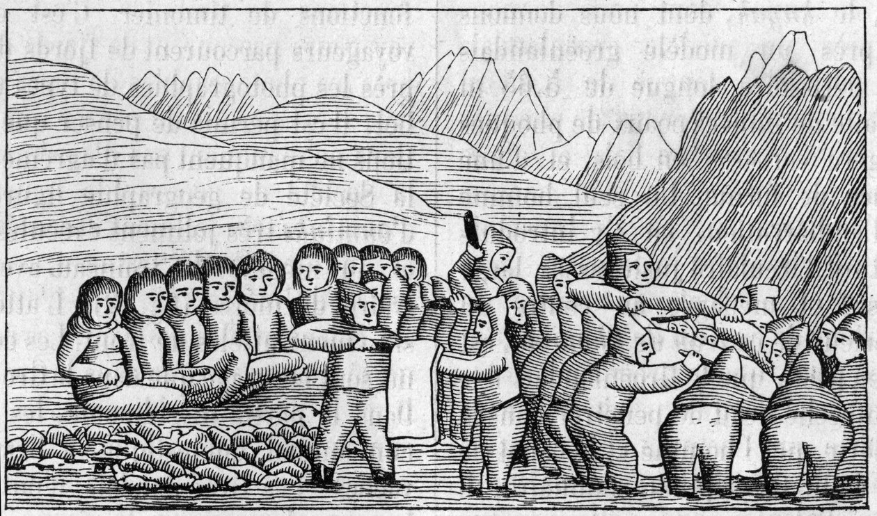 Grönland-Ausstellung in der Geographischen Gesellschaft, Paris: Faksimile einer Grabzeichnung von Eskimos. Gravur in „La Nature: revue des sciences et de leurs applications aux arts et a l