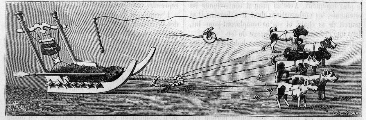 Grönland-Ausstellung in der Geographischen Gesellschaft, Paris: Schlittenmodell, hergestellt von Eskimos. Gravur in „La Nature: revue des sciences et de leurs applications aux arts et a l