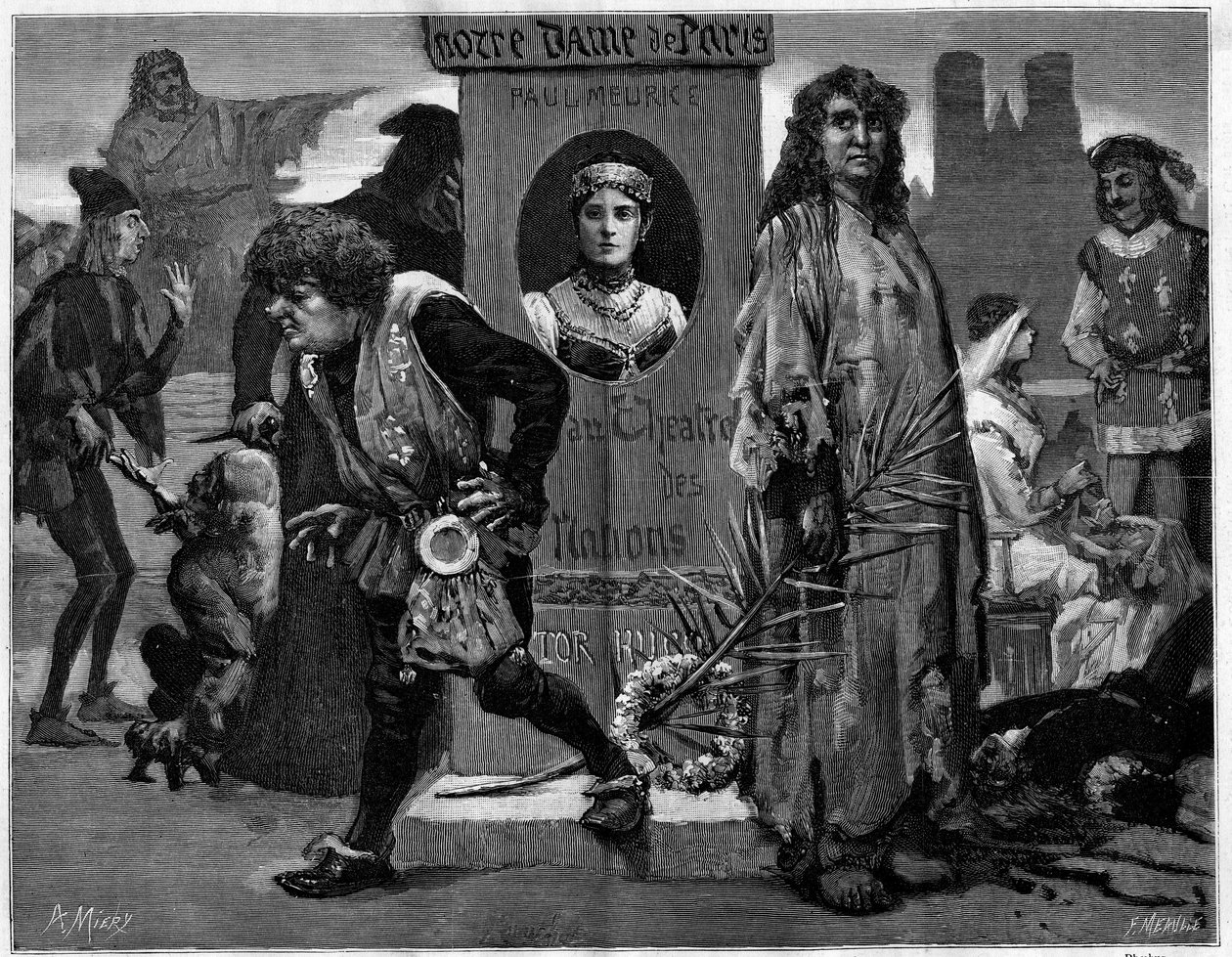 Gringoire, Quasimodo, La Esmeralda, La Sachette und Phoebus. Hauptfiguren im Theaterstück „Notre Dame de Paris“, Drama von Paul Meurice (1912-1979) nach Victor Hugo (1802-1885), aufgeführt im Theatre des Nations. Gravur in „Le Monde illustré“ von Unknown artist