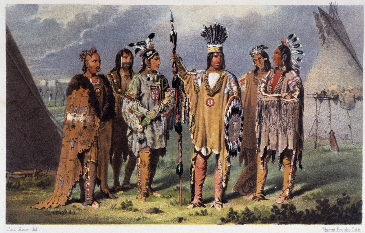 Gruppe von sechs Indianerhäuptlingen - in "Wanderungen eines Künstlers unter den Indianern Nordamerikas" von Paul Kane, Longmans & Roberts, London von Unknown artist