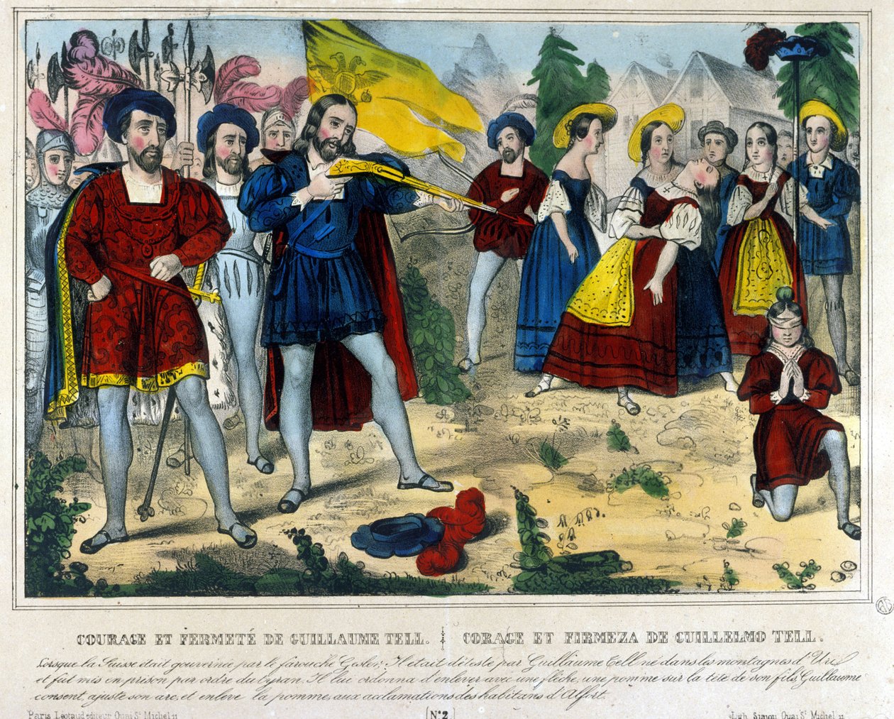 Guillaume Tell (legendärer Held der Schweizer Unabhängigkeit). Der Barbar Gesler zwingt Guillaume Tell, mit einem Pfeil einen Apfel vom Kopf seines Kindes zu schießen. 19. Jahrhundert Gravur von Unknown artist