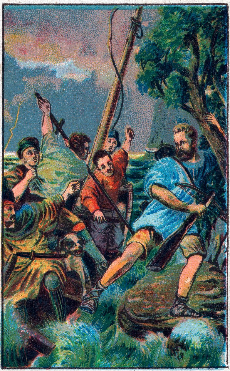 Guillaume Tell (Wilhelm Tell) (legendärer Held der Schweizer Unabhängigkeit) entkommt aus Gesslers Boot. Chromolithographie aus dem späten 19. Jahrhundert von Unknown artist
