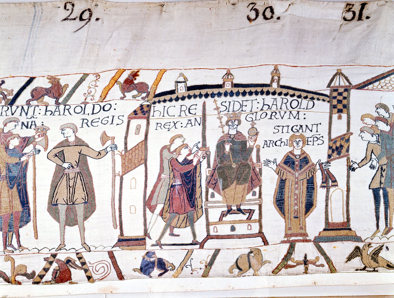 Harold II. (1022 - 1066) wurde nach dem Tod von Eduard dem Bekenner im Jahr 1066 zum König ausgerufen, starb aber bald in der Schlacht von Hastings. Bayeux-Tapete oder Stickerei von Königin Mathilde von Unknown artist