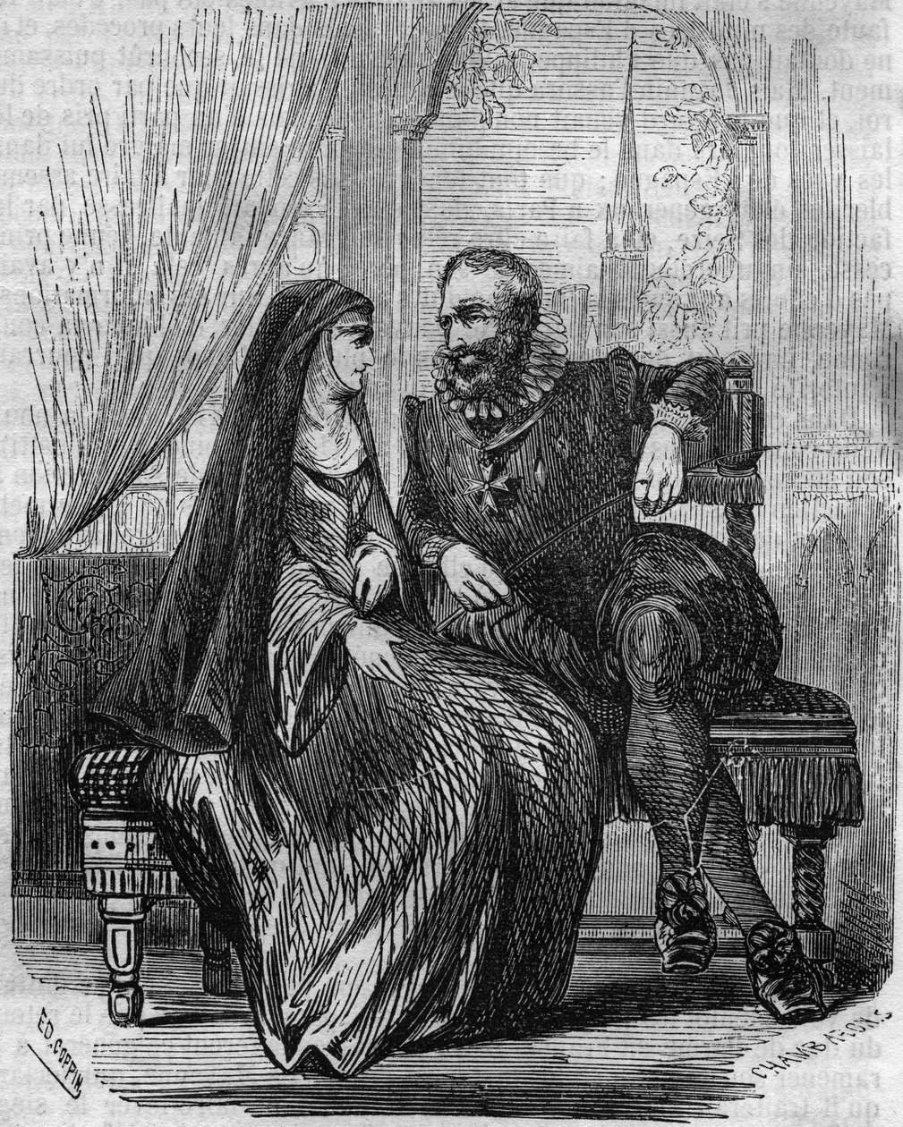 Heinrich IV., König von Frankreich (1553-1610) mit der Äbtissin von Montmartre Marie de Beauvilliers - Gravur des 19. Jahrhunderts von Unknown artist