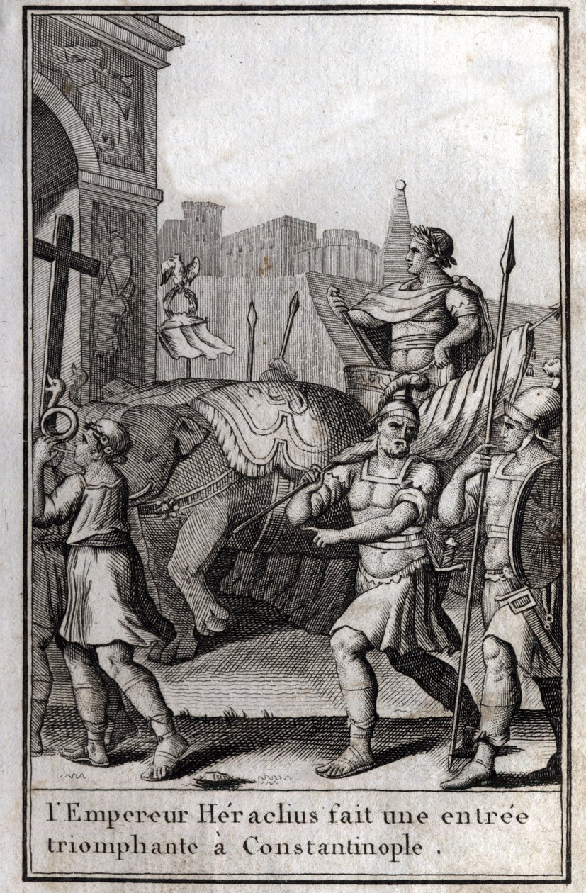 Heraklius I. (Flavius Heraklius, Herakleios (ca. 575-610/641), byzantinischer Kaiser, machte einen triumphalen Einzug in Konstantinopel. Er bestieg einen von vier Elefanten gezogenen Wagen und brachte das Wahre Kreuz (Heiliges Kreuz) mit, das ihm abgenomme von Unknown artist