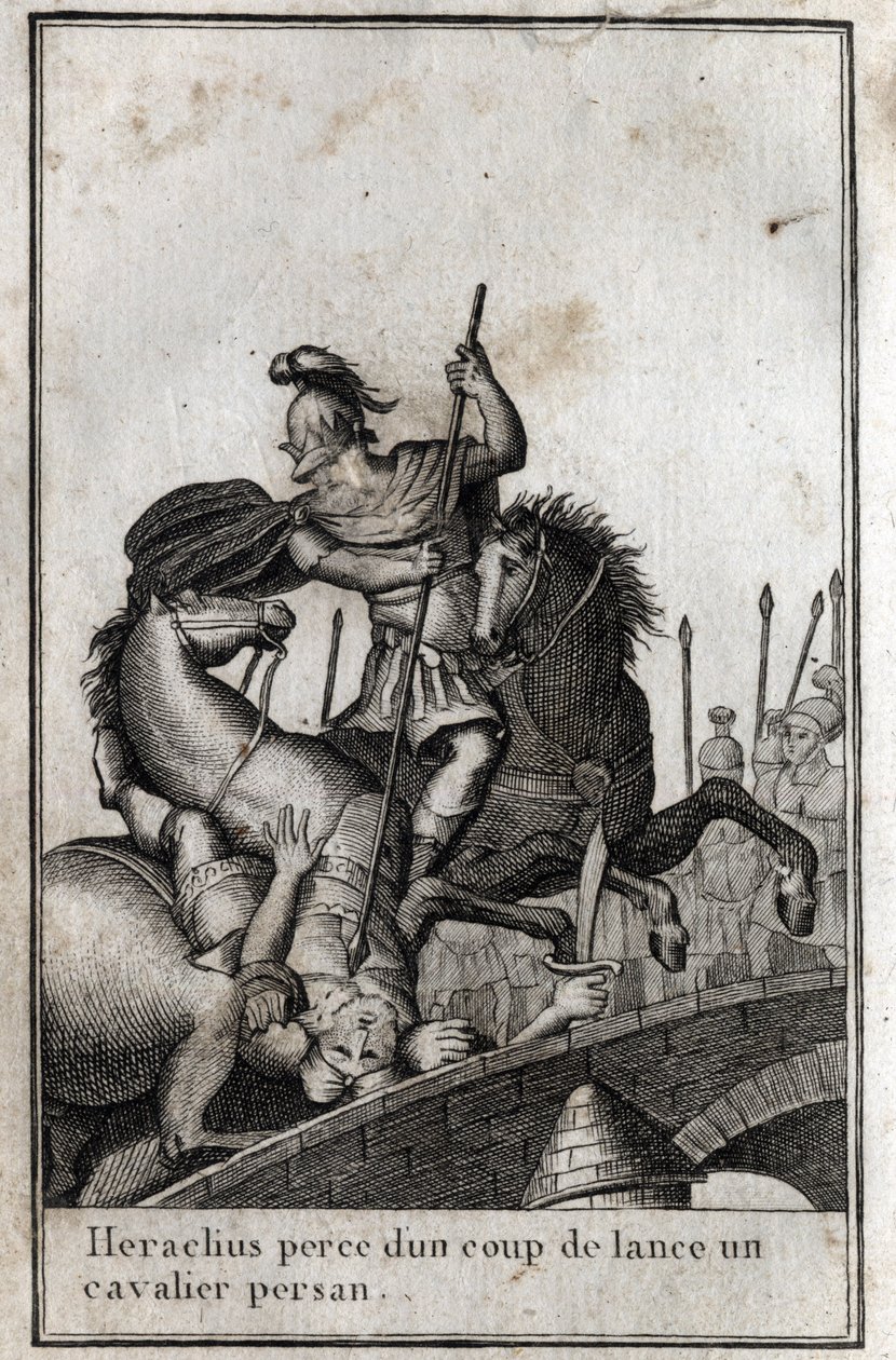 Heraklius I. (ca. 575-610/641), byzantinischer Kaiser, spießt einen persischen Reiter auf (Krieg gegen die Perser), 7. Jahrhundert. Gravur in „Beaute de l