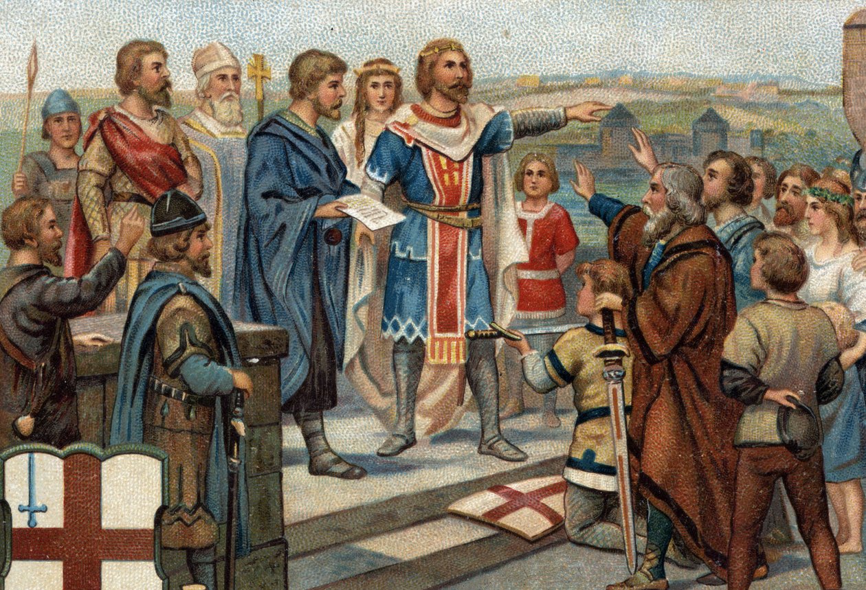 Historische Episoden berühmter Städte: Alfred der Große (849-899) gibt London seinen früheren Einwohnern zurück (886), der „Frieden von Alfred und Guthrum“ markierte den Sieg der Angelsachsen gegen die Dänen (Wikinger). Chromolithographie des 19. Jahrhunde von Unknown artist