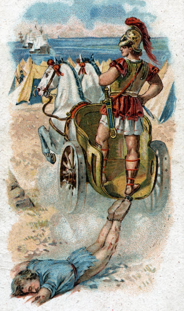 Geschichte des Lebens von Achilles, legendärer Held des Trojanischen Krieges: Achilles schleift Hektors Leiche hinter seinem Wagen her. Chromolithographie von 1890. von Unknown artist
