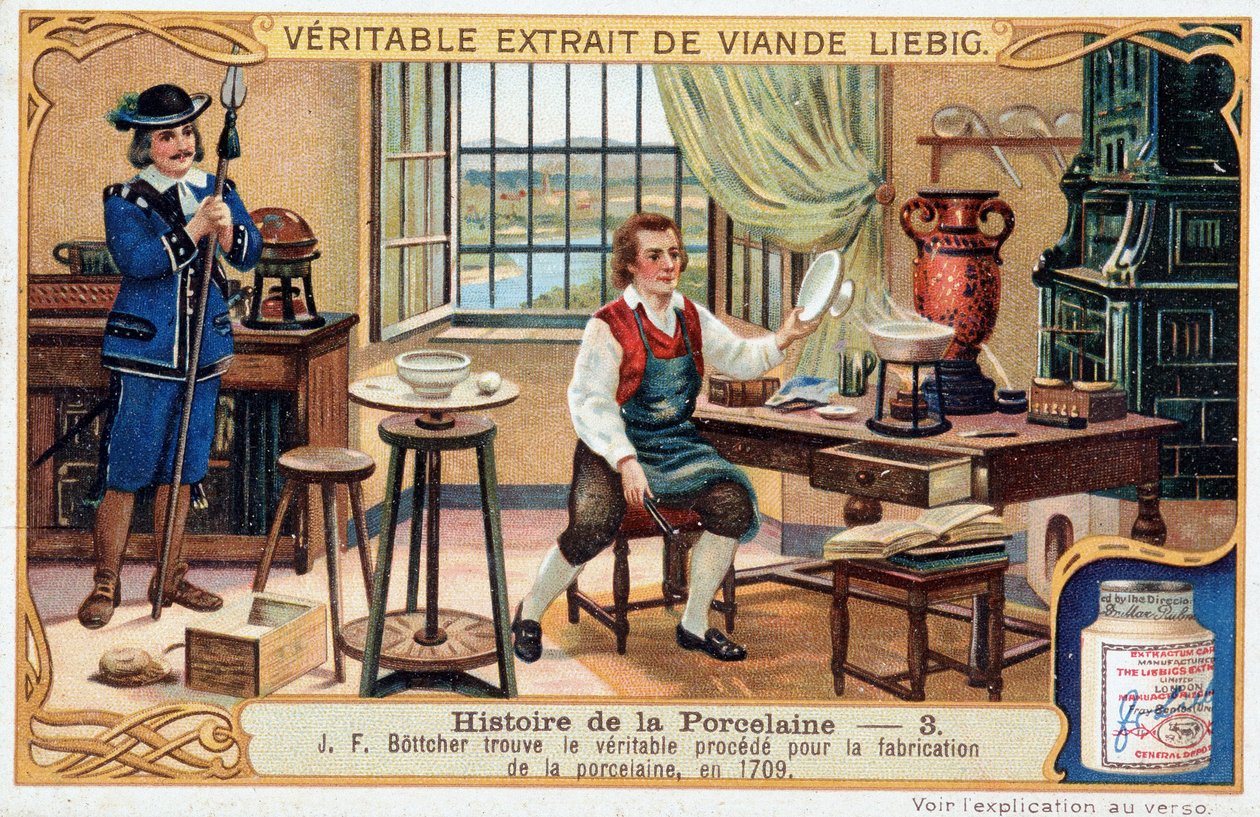 Geschichte des Porzellans: Johann Friedrich Böttger (Böttcher oder Böttiger) (1682-1719) findet 1709 die wahre Methode zur Herstellung von Porzellan - Liebig Chromolithographie von Unknown artist