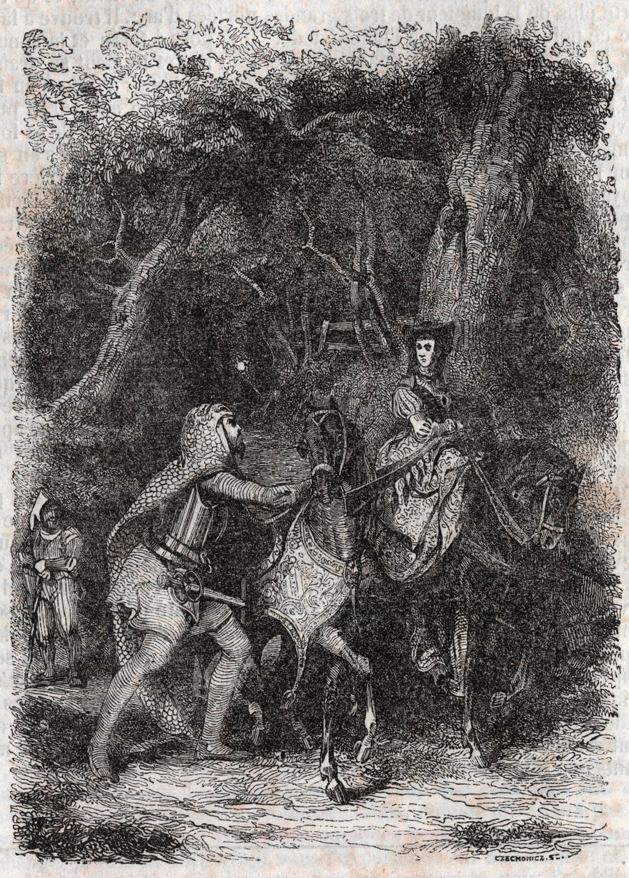 Hypalca wird von Rodomont festgenommen - Gravur von 1851 aus „Furioser Roland“ (Orlando furioso) (16. Jahrhundert) von Ludovico Ariosto, bekannt als der Ariosta - Ausgabe übersetzt aus dem Italienischen von Graf von Tressan und veröffentlicht von Gustave H von Unknown artist