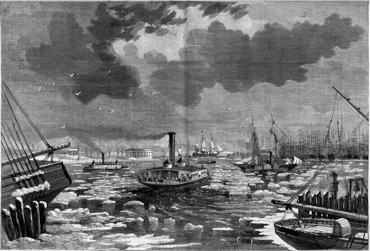 Eisdebakel in New York, USA, gesehen vom East River. Gravur in „Das illustrierte Universum“ von Unknown artist