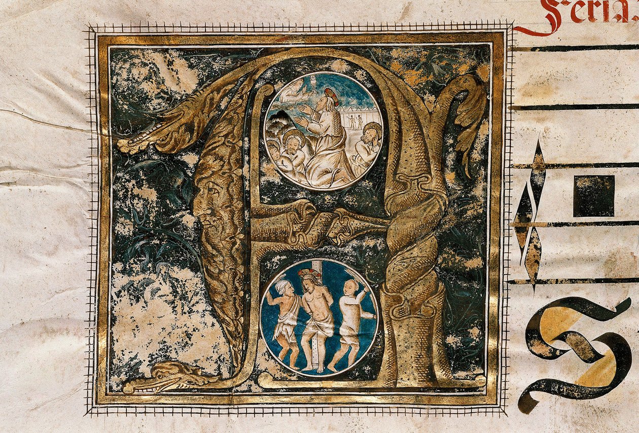 Illuminierter Buchstabe der Predigt Jesu vor den Aposteln und der Geißelung, aus einem Manuskript liturgischer Lieder von Unknown artist