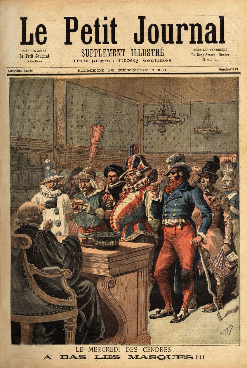 Illustration für Aschermittwoch, nach dem Karneval von Mardi Gras, die Partykostüme treten vor den Richter, um sich zu enthüllen. Gravur in „Le petit journal“ 18/02/1893. Selva-Sammlung von Unknown artist