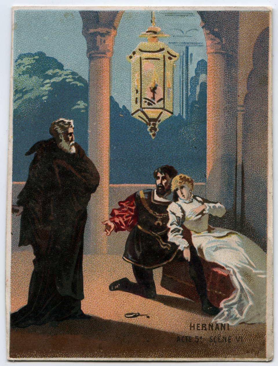 Illustration von „Ernani“ von Giuseppe Verdi, Akt 5, Szene VI, Oper uraufgeführt 1844 nach der Tragödie „Hernani“ von Victor Hugo. Chromolithographie des späten 19. Jahrhunderts von Unknown artist