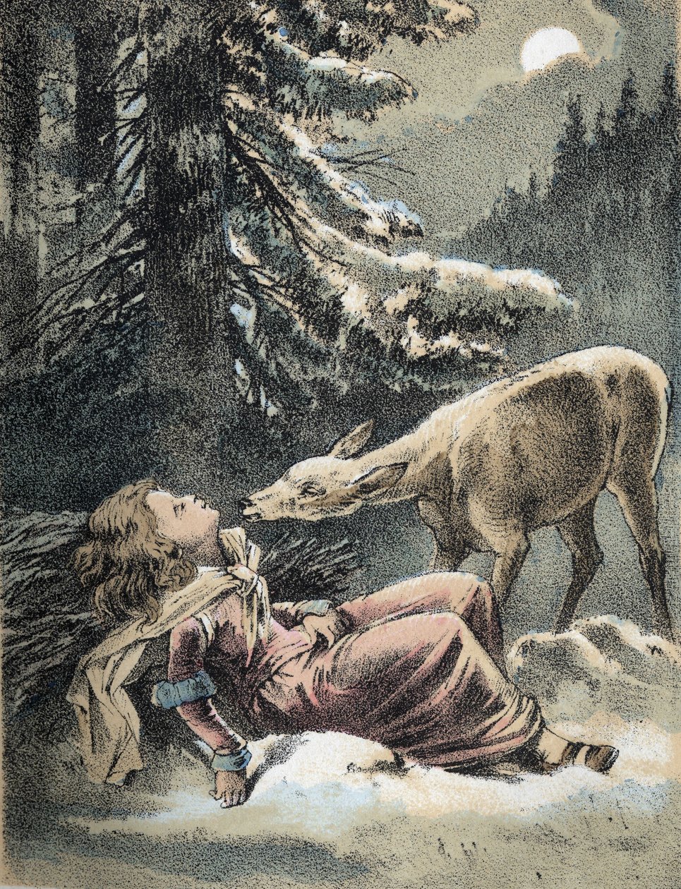 Illustration von Franz Hoffmanns Erzählungen „Tales and Fables - Von Weifshändchen und breitfüßchen“: Ein Mädchen ohnmächtig im Schnee und ein Hirsch. Chromolithographie des 19. Jahrhunderts von Unknown artist
