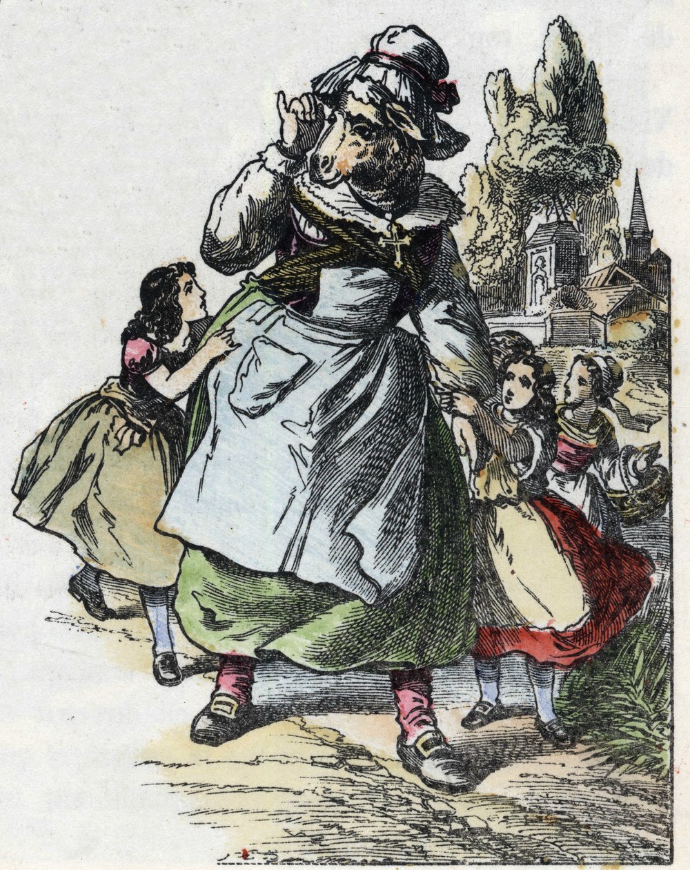 Illustration des Märchens „Gute Mutter Schaf“. In „Märchen aus dem Heim für die Kleinen“. Anonyme Gravur des 19. Jahrhunderts von Unknown artist