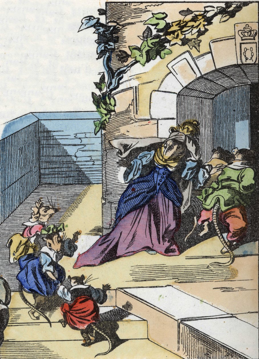 Illustration des Märchens „Der schreckliche Raminagrobis und die Mäuse“ nach einer Fabel von Jean de La Fontaine. In „Märchen aus dem Heim für die Kleinen“. Anonyme Gravur aus dem 19. Jahrhundert von Unknown artist