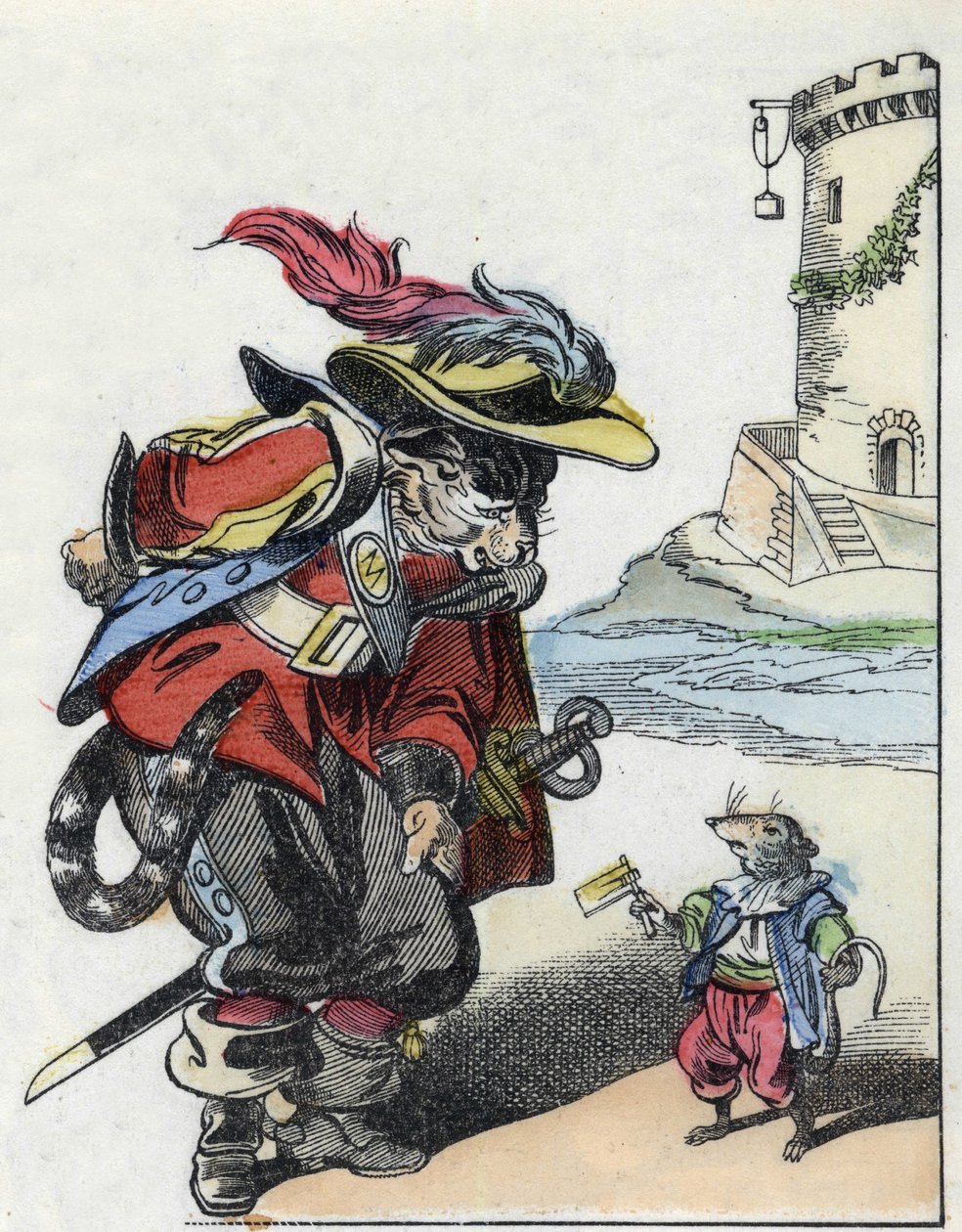Illustration des Märchens „Der schreckliche Raminagrobis und die Mäuse“ nach einer Fabel von Jean de La Fontaine. In „Märchen aus dem Heim für die Kleinen“. Anonyme Gravur aus dem 19. Jahrhundert von Unknown artist