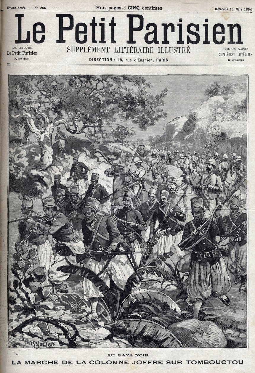 In den französischen Kolonien: der Marsch der Kolonne von General Joseph Joffre (1852-1931) und seiner Armee von Spahis auf Timbuktu (Mali). Gravur in „Le Parisien“ von Unknown artist