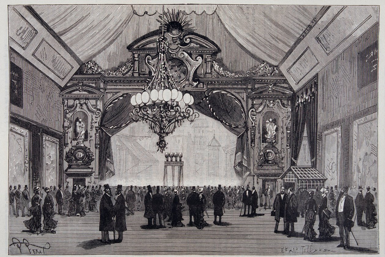 Glühbeleuchtung auf der Elektrizitätsausstellung: der Werdermann-Kronleuchter im Theatersaal - in „Nature“ von Unknown artist