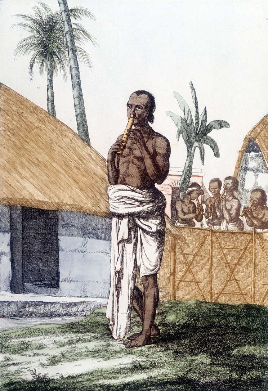Indische Kultur und Zivilisation: Musiker, der die Bansuri-Flöte spielt, traditionelles Musikinstrument, Indien. Gravur 1808. von Unknown artist