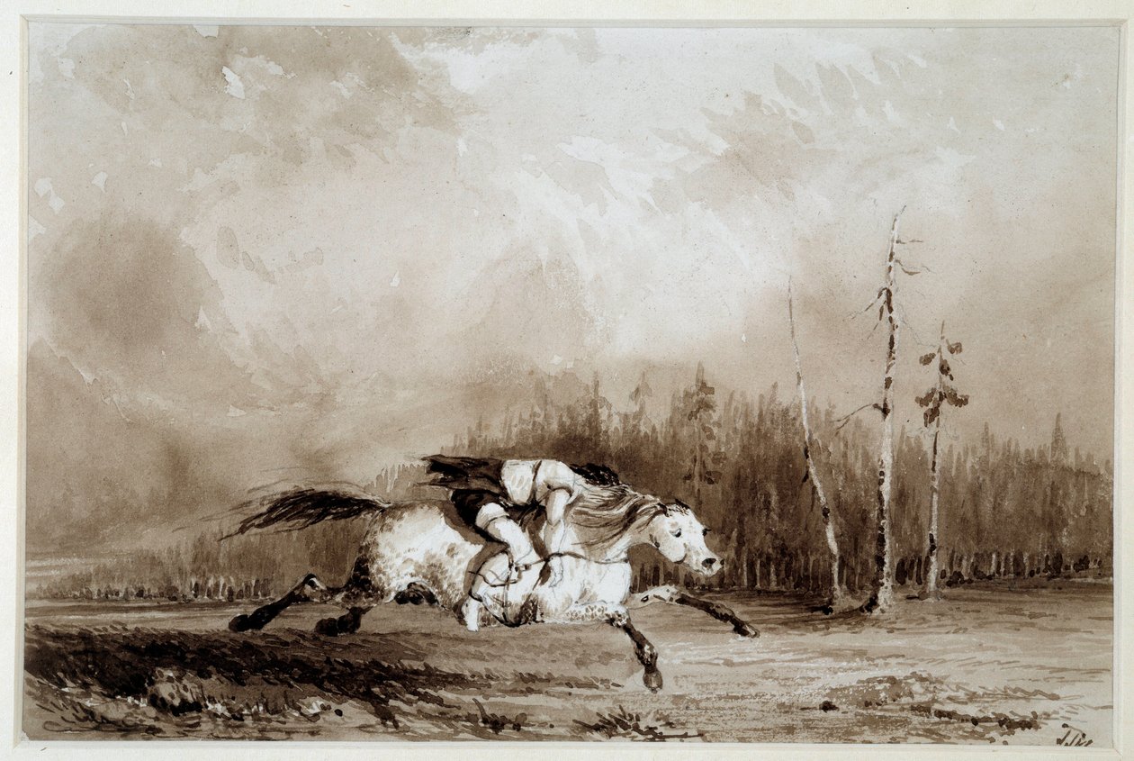 Indianer Amerikas: Ein galoppierendes Pferd, das einen gefesselten Mann trägt von Unknown artist