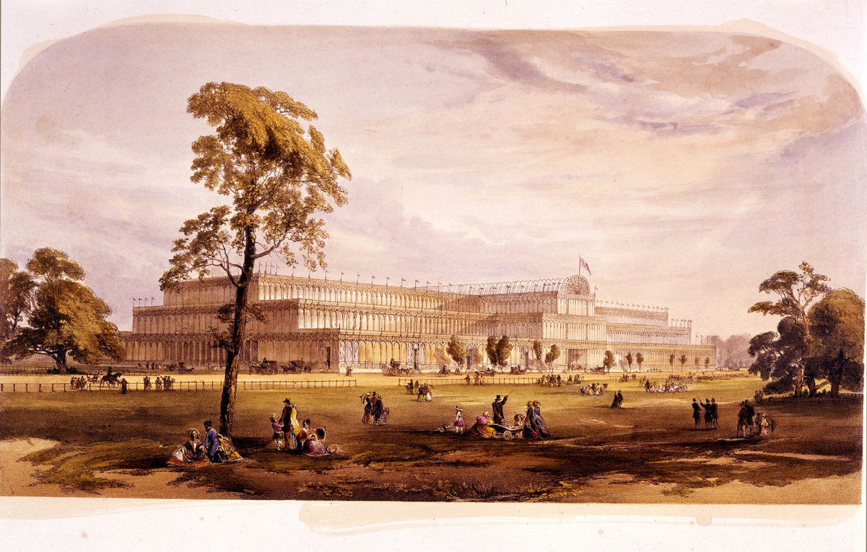 Industrielle Revolution: Ansicht des Kristallpalastes, gebaut von Joseph Paxton für die Weltausstellung 1851 in London (Hyde Park) 19. Jahrhundert von Unknown artist