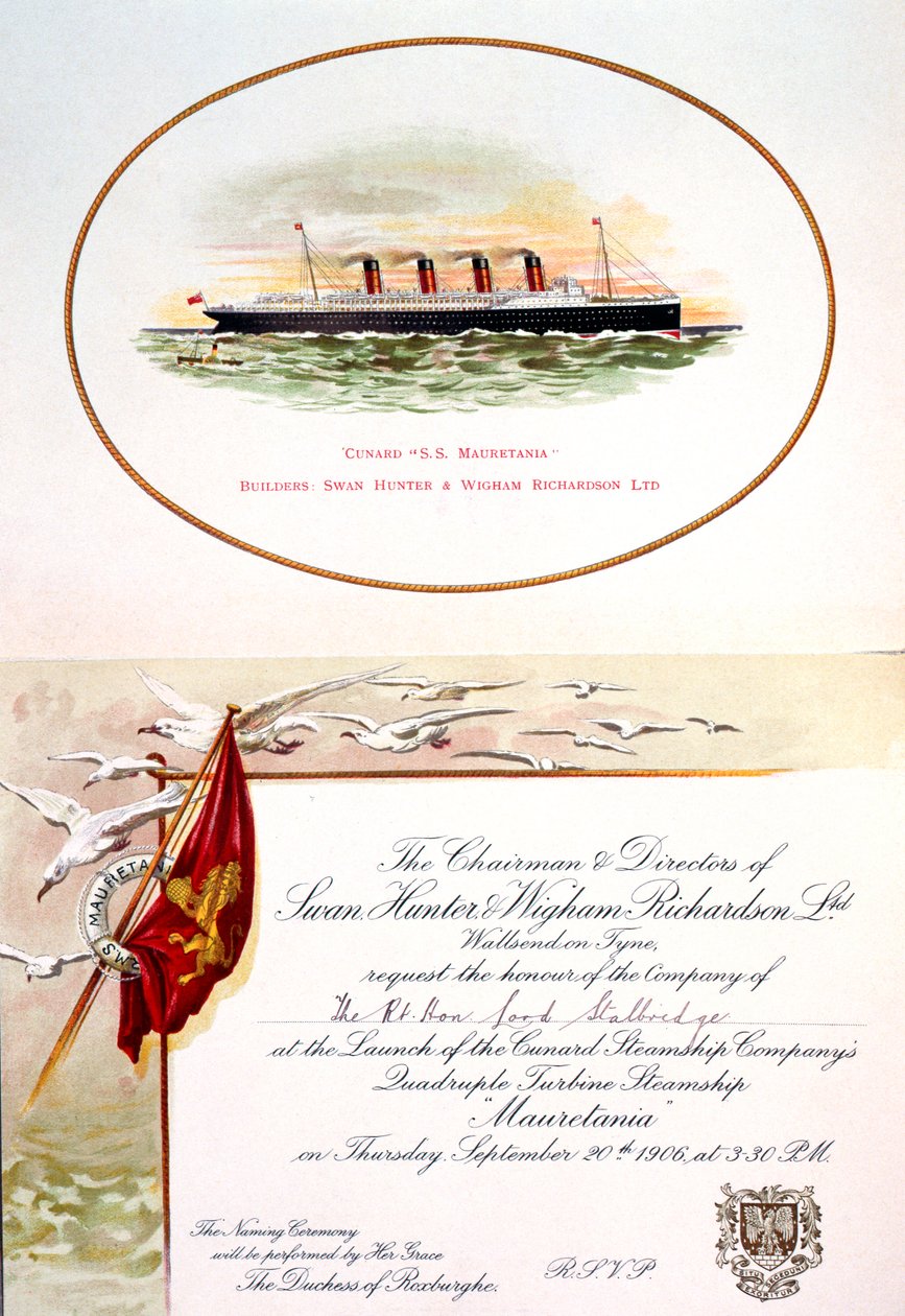 Einladung für Lord Stalbridge zur Taufe der SS Mauretania, 20. September 1906 von Unknown Artist