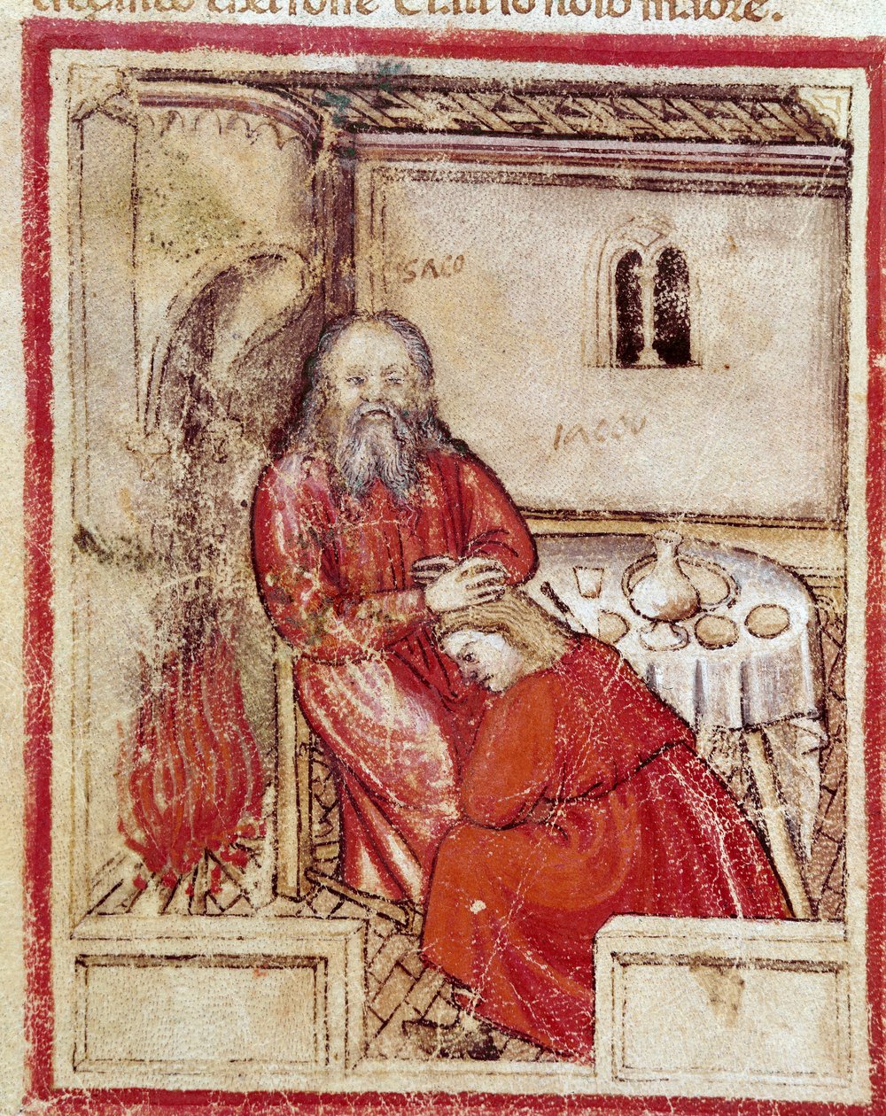 Isaak nach dem Verzehr des Zickleins, das sein Sohn Jakob gebracht hat, im Glauben, es sei Esau. Miniatur aus Codex 212 (oder Padovano Codice oder Bibel von Padua) 1390-1400 von Unknown artist
