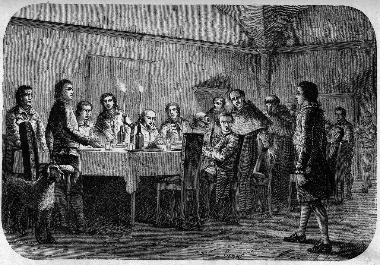 James Boswell (1740-1795), schottischer Schriftsteller und Anwalt, Sohn von Lord Alexander Boswell, bei einem Treffen bei einem Essen von Pascal (Pasquale) Paoli. In „Pasquale Paoli ossia la rotta di Pontenuovo“ von F.D. Guerrazzi. 1872. von Unknown artist