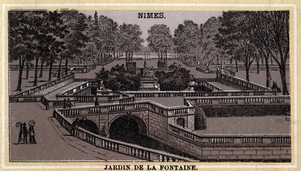 Jardin de la Fontaine in Nimes (Gard, Languedoc-Roussillon). Chromolithographie Ende des 19. Jahrhunderts. von Unknown artist