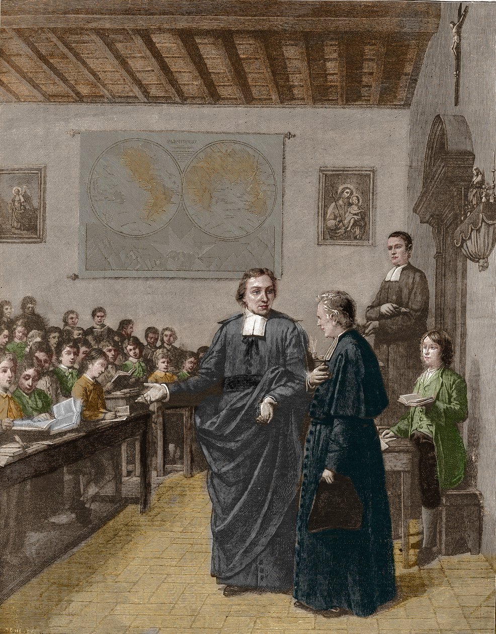 Jean Baptiste De La Salle, französischer Geistlicher, Gründer der Kongregation der Brüder der christlichen Schulen, zeigt eine seiner Schulen M. de La Chetardie. Gravur aus dem späten 19. Jahrhundert von Unknown artist