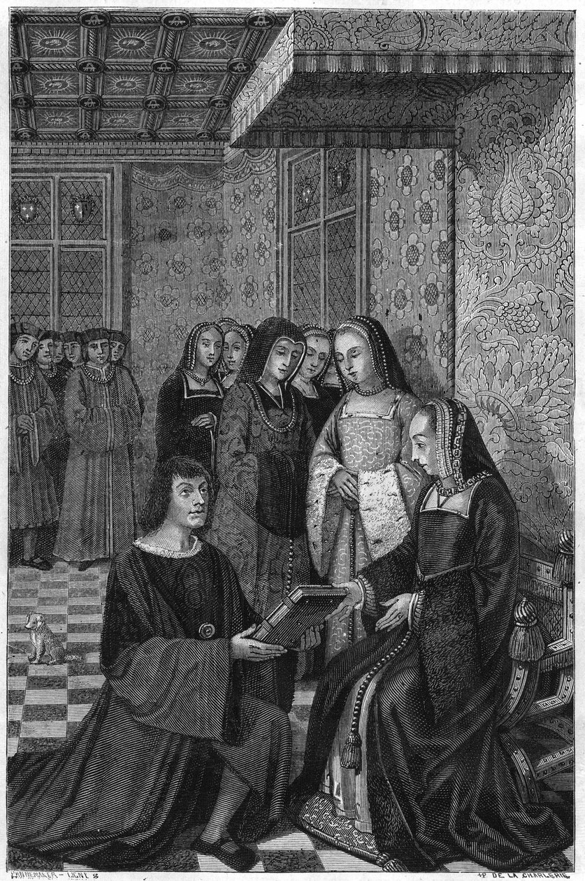 Jean Marot, Dichter (1463-1526), überreicht Königin Anne von Frankreich einen Gedichtband. Gravur aus dem 19. Jahrhundert. von Unknown artist