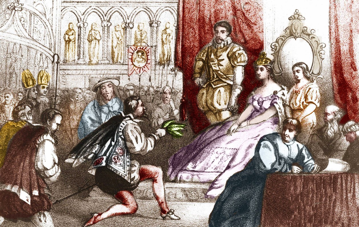 Jean Nicot präsentiert die Tabakpflanze Catherine de Medicis und dem Großprior des Hauses Lothringen. 16. Jahrhundert. Gravur aus dem 19. Jahrhundert von Unknown artist