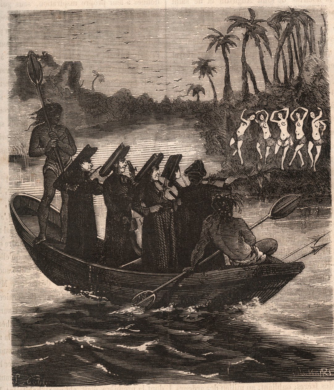 Jesuitenmissionare kommen 1553 mit dem Boot zu den Guarani-Indianern in Paraguay - Gravur von 1879 in „Geschichte der geheimen, politischen und religiösen Gesellschaften“ von Pierre Zaccone (1817-1895). von Unknown artist