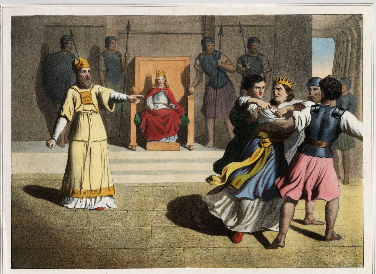 Joasch (Jehoasch) wurde vom Thron vertrieben und befahl den Tod der Königin Athalja mit Hilfe der Priester und wurde so König von Juda. Anonyme Gravur aus der Mitte des 19. Jahrhunderts. von Unknown artist