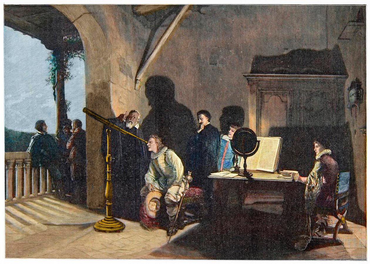 John Milton (1608-1674) besucht Galileo Galilei während Miltons Italienreise 1638-1639. Gravur von Unknown artist