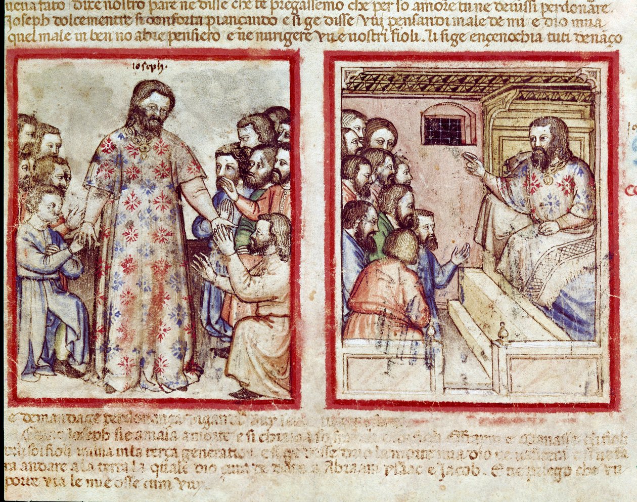 Joseph, schwer krank im Alter von 110 Jahren, vergibt seinen Brüdern, die sich vor ihm niederwerfen. Miniatur aus Codex 212 (oder Padovano Codice oder Bibel von Padua) 1390-1400 von Unknown artist