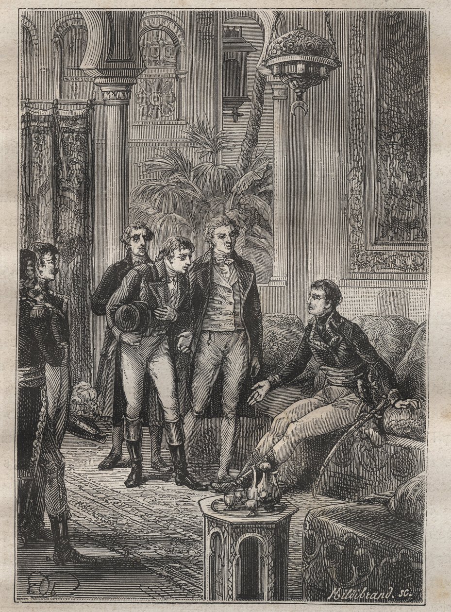 Reise (1798) von Frederic Conrad (Konrad) Hornemann (1772-1801) nach Fezzan (Libyen): Hornemann wird von Bonaparte in Kairo (Ägypten) empfangen - Illustration aus „Die großen Seefahrer des 18. Jahrhunderts“ von Unknown artist