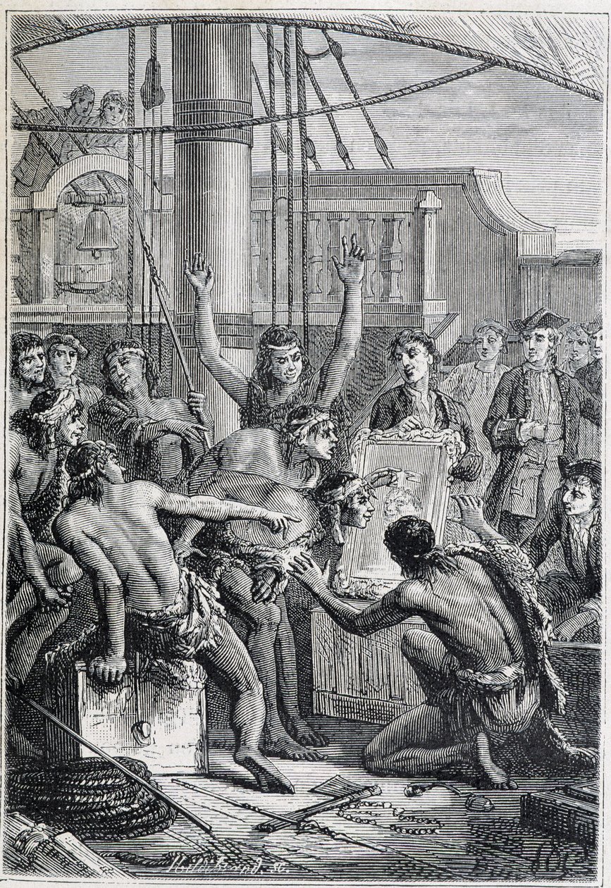 Reise von Samuel Wallis (1728-1795) nach Polynesien: Eingeborene erstaunt über einen Spiegel - Illustration aus „Die großen Seefahrer des 18. Jahrhunderts“ von Unknown artist