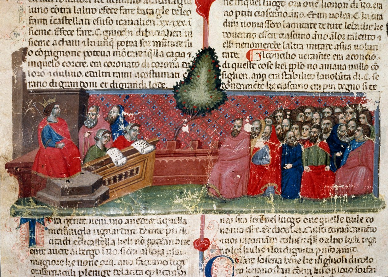Julius Caesar (101-44 v. Chr.) auf dem Thron. Detail einer Manuskriptseite „Die Taten der Römer“ (Ms. 1538) um 1340. Florenz, Biblioteca Riccardiana von Unknown artist