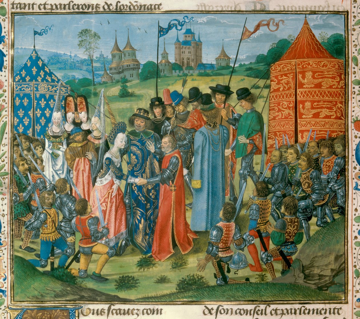 König Karl VI. übergibt seine Tochter Isabella von Frankreich an Richard II., König von England, vor der Versammlung der französischen und englischen Lords, Miniatur aus den Chroniken von Jean Froissart von Unknown artist