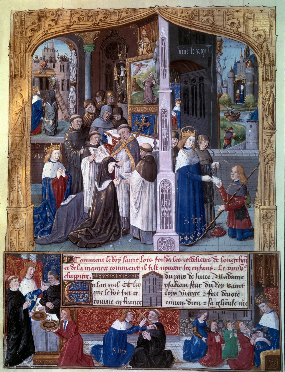 König Ludwig IX. (1214-1270) (Saint Louis) ließ 1255 die Abtei Cordeliere de Longchamp im Wald von Rouvray (Boulogne) erbauen, Szenen christlicher Nächstenliebe durch den König. Miniatur aus einem Manuskript „Das Buch der Taten von Monseigneur Saint Louis“ von Unknown artist