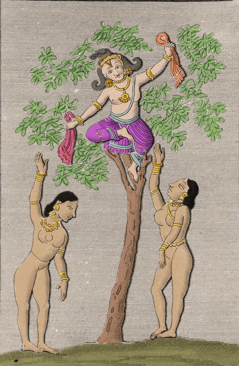 Krishna fliegt mit zwei Gopis. Gravur in „Ancient and Modern Monuments of Hindustan“ von L.M. Langles, Paris 1821 von Unknown artist