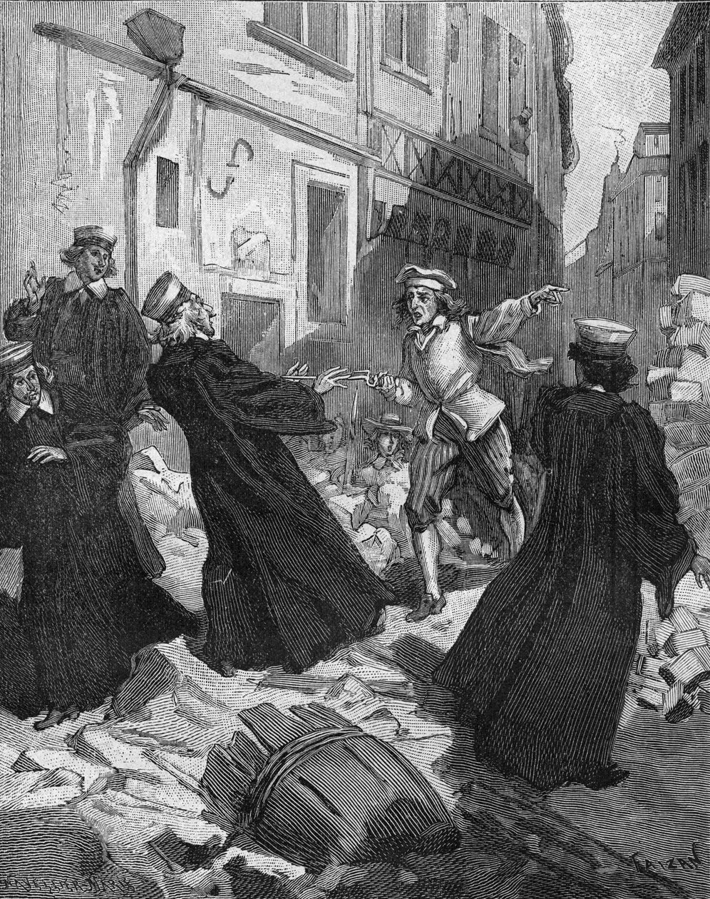 La Fronde (27. August 1648) - Barrikaden in Paris: ein Rotorjunge bedroht den Präsidenten des Parlaments, Mathieu Molé (1584-1656). Gravur des 19. Jahrhunderts. In „Histoire de France“ von Jules Michelet von Unknown artist