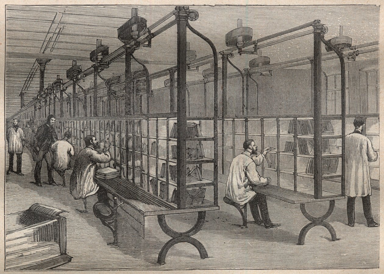 Die Briefpost: das Sortieren der Briefe im Hôtel des Postes in Paris - Gravur in „La Science française“ von Unknown artist