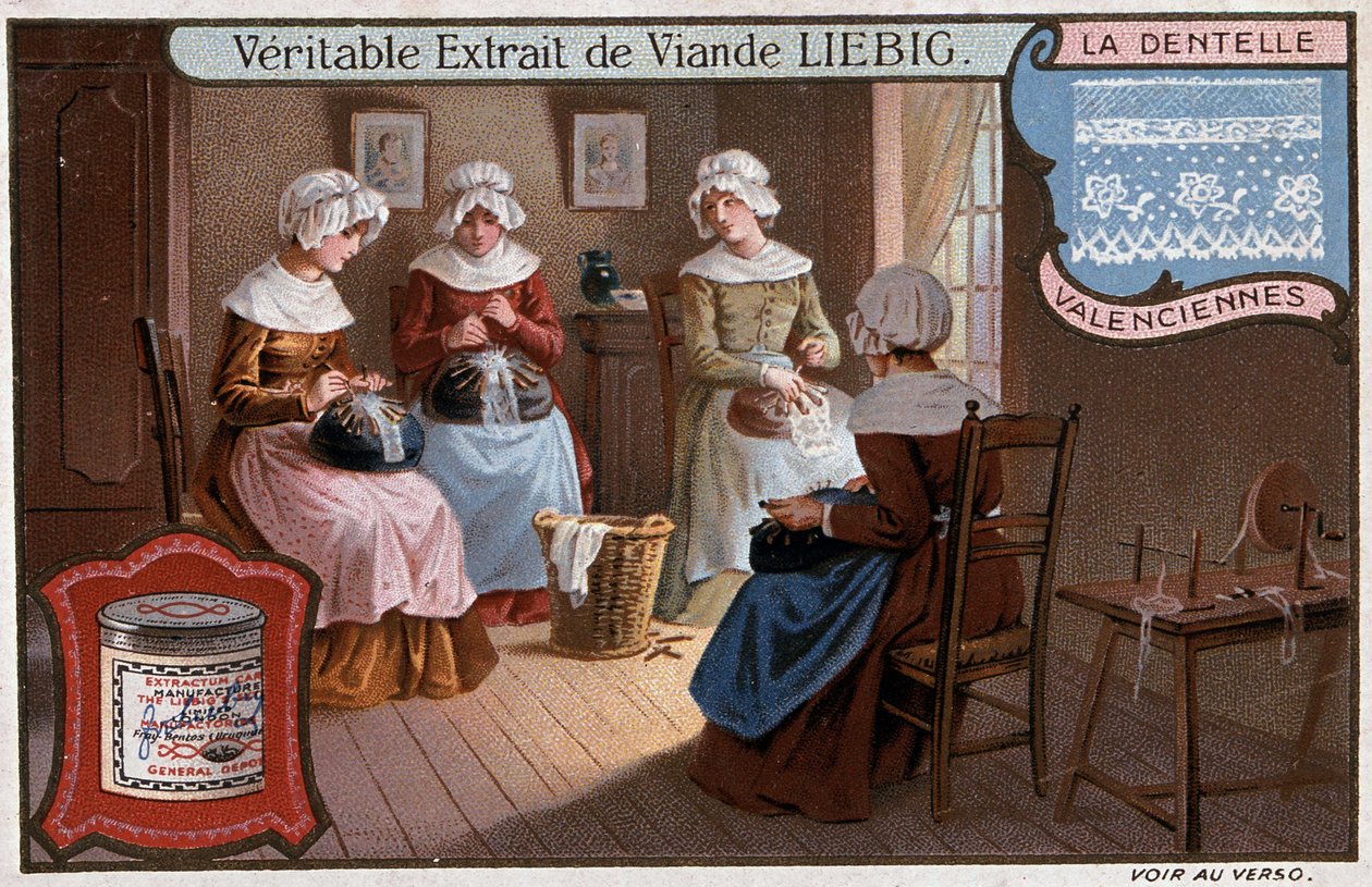 Spitzenwerkstatt, Valenciennes, Liebig-Werbung, ca. 1895 von Unknown artist