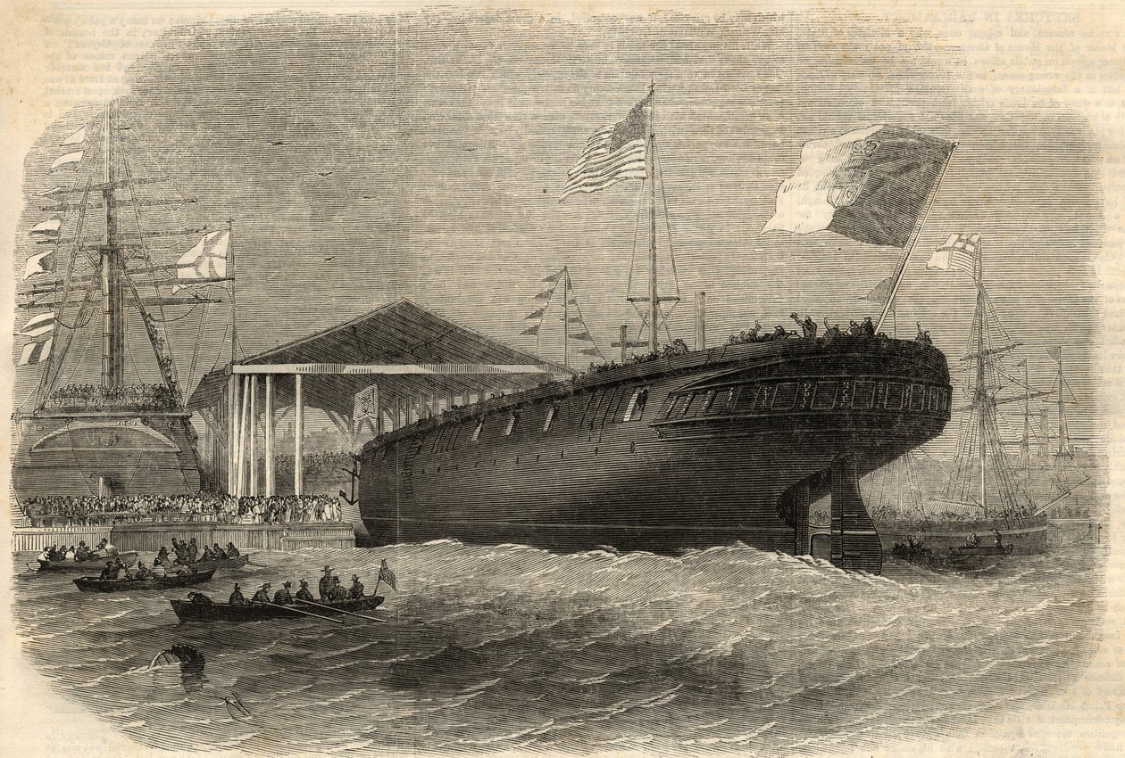 Stapellauf der portugiesischen Korvette „Sagres“ in Limehouse (London). Gravur in „The Illustrated London News“ vom 5. Juni von Unknown artist
