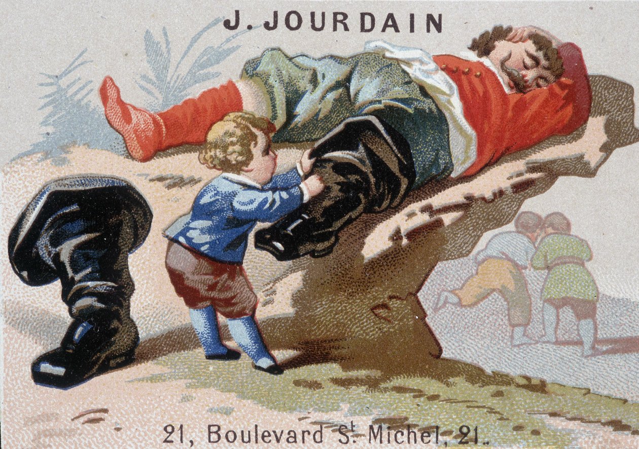 Le Petite Poucet zieht seine Siebenmeilenstiefel aus dem schlafenden Oger aus - Werbeetikett Jourdain von Unknown artist