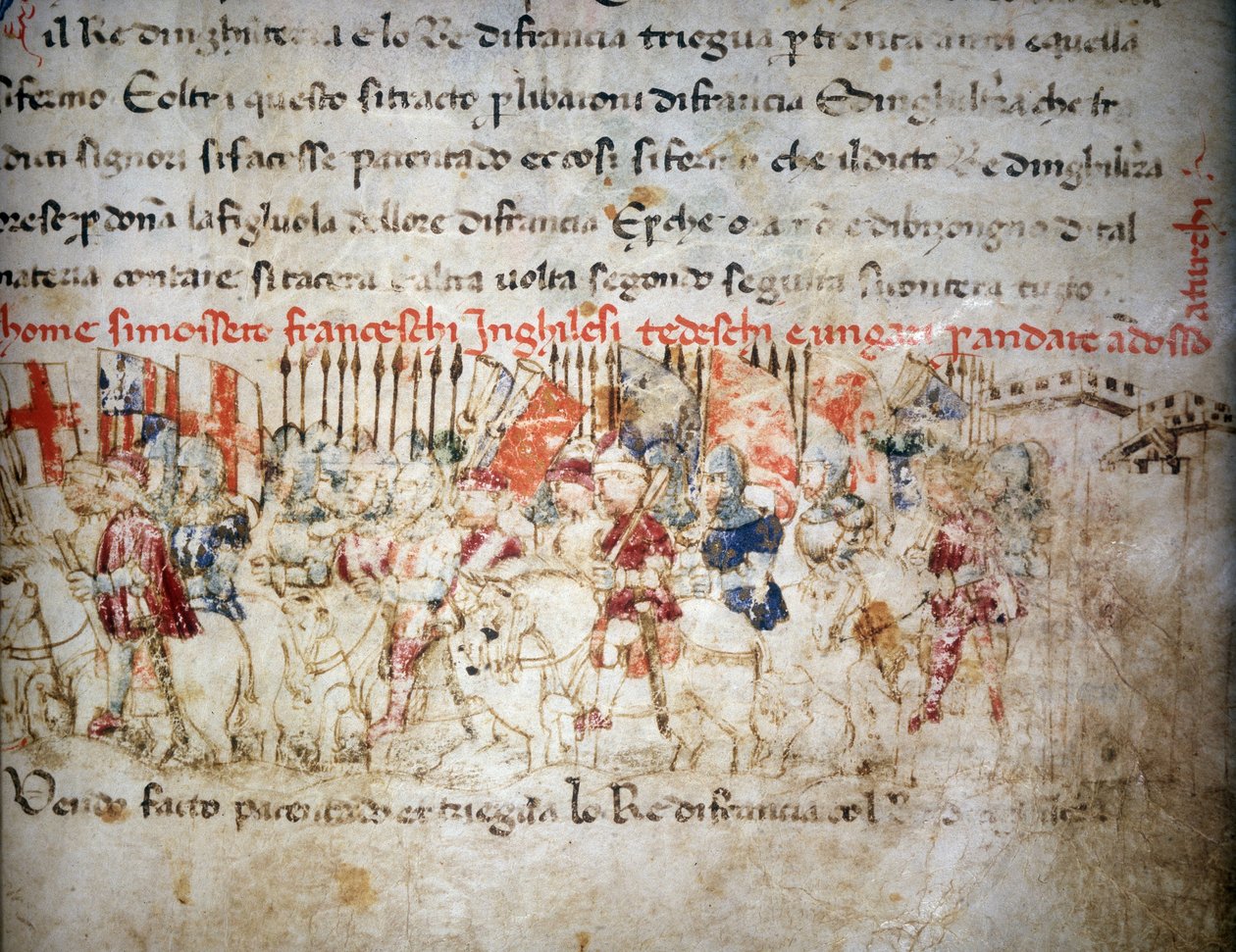Liga der Franzosen, Engländer, Deutschen und Ungarn gegen die Türken im Jahr 1391 - in „Croniche del Sercambi“, um 1400. Nationalarchiv, Lucca. von Unknown artist